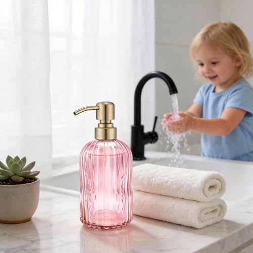 Image of 16 OZ Pink Glass Soap Dispenser,Clear Pink Stripe Bathroom Hand Soap Dispensers with Stainless Steel Gold Pump, Pink Kitchen Hand Soap Dispenser with Brushed Gold Pump