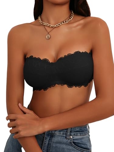 Image of Luna & Sun Women's Strapless Lace Bandeau Padded Tube Top Bralette, with Back Hook and Eye Closure