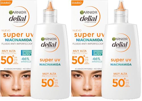 GARNIER DELIAL Crema Facial Fluida Uso Diário Muy Alta Protección Solar FPS50+ AntiImperfecciones Con Niacinamida, Fórmula No Comedogénica 40 ml (Paquete de 2)