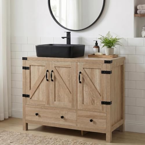 SOLIDEE 36" Natural Color Bathroom Vanity, Rustic Fixture Standing Pedestal Cabinet with Square Black Ceramic Sink