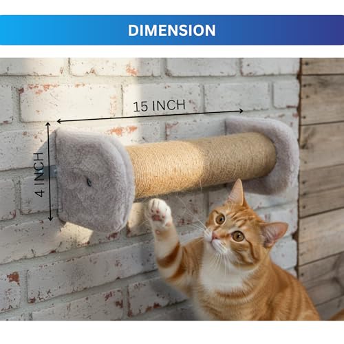 Image of Wall-Mounted Cat Scratching Post, Natural Jute Rope, Plush Cushioned Ends, Space-Saving Design (5X16) FURR-156 (Grey)