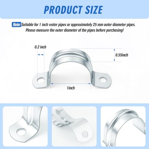 Image of Yaocom 100 Pcs 1 inch Opening Pipe Strap, Galvanized Steel Conduit Clamp | U Bracket 2 Hole Mount for Pipe Fixing on Surfaces, Corrosion Resistant for Wall Ceiling, Heavy Duty Rigid Clamp Support