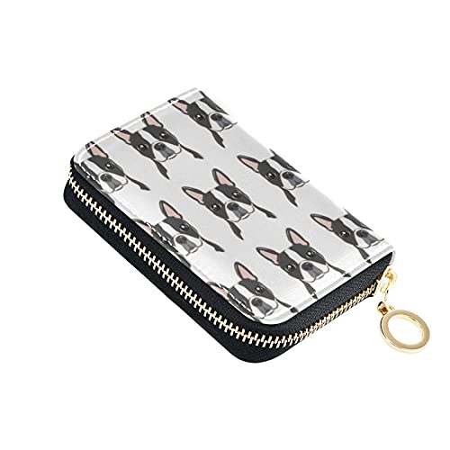 Grey Pink Boston Terrier Dog Face Head Seamless Isolated on WhiteGrey Credit Card Coin wallet, RFID Blocking Compact Women Leather Card Holder, Key Change Organizer, Zipper Purse Clutch Pouch Pocket