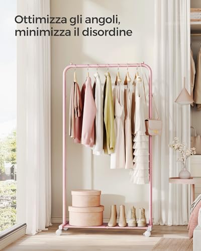 SONGMICS Stand Appendiabiti con Ruote, Appendiabiti Largo 74 cm, con Ripiano a Rete Fitta, Regge fino a 35 kg, 2 Ruote con Freno, Struttura in Metallo, Rosa Pastello HSR130R01 - Immagine 1