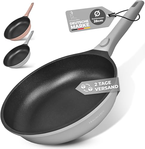 TRAUMLEBEN NEU Bratpfanne 28 cm mit abnehmbarem Griff, Antihaftbeschichtung, PFOA frei, für Induktion geeignet | backofenfest | Pfanne beschichtet Brat- & Universalpfannen (grau)