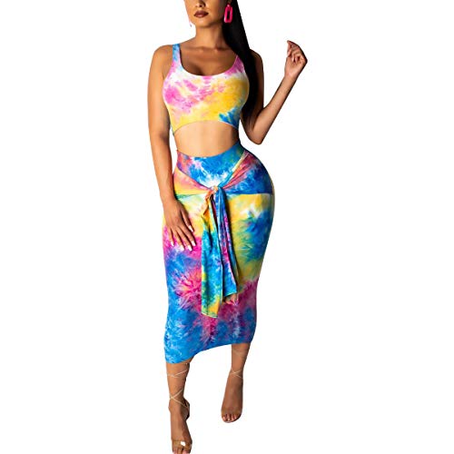 Womens Tie Dye Print Crop Top and Midi Skirt Set Tie up 2 Piece Dress Outfits L