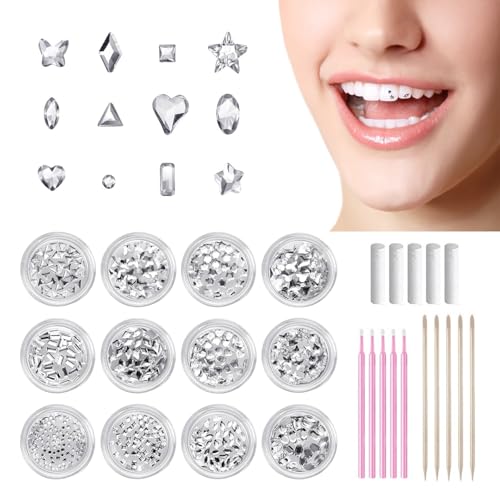 YAFIYGI 480Pcs Tooth Gems Kit with Crystals and Diamantes Diamond Toothgem Jewels for Use Silver Long Lasting Teeth Gem Kits with Star Designs and Ornaments(Without Glue)