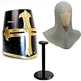 AnNafi® Medieval Knight Crusader Helmet Replica + Aluminium Chainmail Coif + Wooden Helmet Stand | Knight Crusades Costume Templar Reenactment Cosplay Black | Wearable for Adult | Medieval Costumes