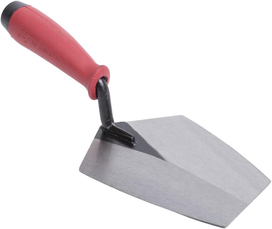 MARSHALLTOWN QLT Bucket Trowel, 8 1/4 Inch, Masonry Trowel | Carbon Steel Blade Scoops Mortar, Cement, and Grout from Bucket to Wall, Soft Grip Handle, BKTSG825