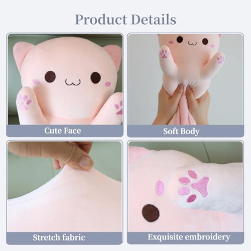 Image of Long Cat Plush Toy - Ultra Soft Cat Plush Pillow Stuffed Animal for Kids & Adults, Kawaii Kitty Body Pillow, Cute Plushie Gift for Kids Girlfriend (Pink, Round Eyes, 110cm /43.31inch)