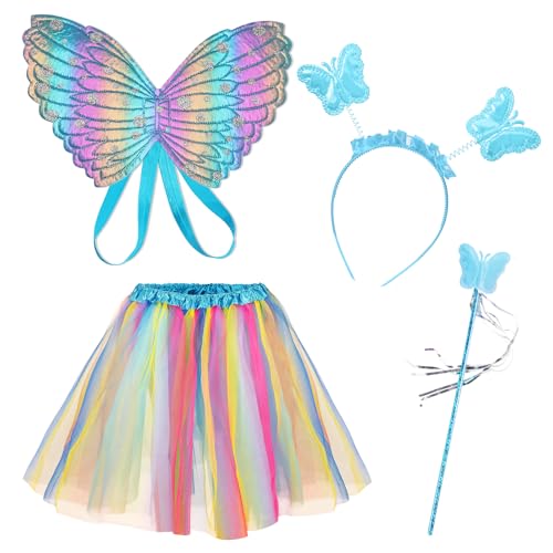 AUYAO Jupe Buste Enfant, 4 Pcs Robe Princesse Fille avec Ailes de Papillon, Couronne, Jupe Tutu et Baguette Magique, Robe de Soirée, Déguisements Cosplay,...