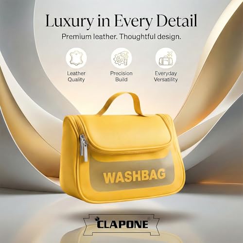 Image of Cosmetic Bag for Women, PU Leather Makeup Pouch, Large Capacity Travel Makeup Organizer with Divider & Handle, Waterproof Portable Vanity Storage Bag for Toiletries (Washing Bag-Yellow)