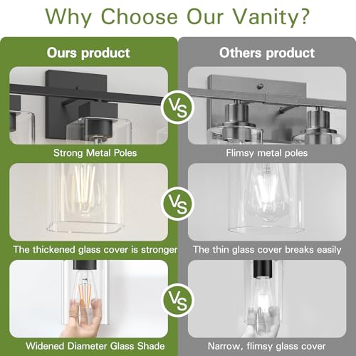 Image of Matte Black Bathroom Vanity Light, 3-Light Vanity Lighting fixtures Over Mirror, Square Design & UL Certification, Wall Sconces with Clear Glass Shades, E26 Socket (Bulbs Not Included)