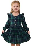 tagyum Toddler Dress Girls Christmas Green Plaid Button Zip Up Ruffle Long Sleeve Dresses Party Fall Winter Clothes 2-3T Christmas Green
