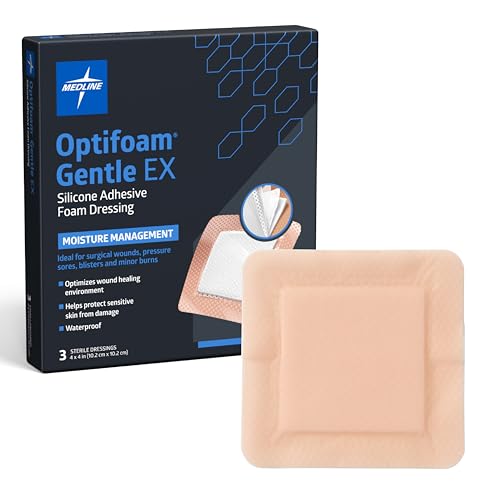 Medline Optifoam Gentle EX Silicone Adhesive Foam Dressing, 4” x 4” Dressing with 2.5” x 2.5