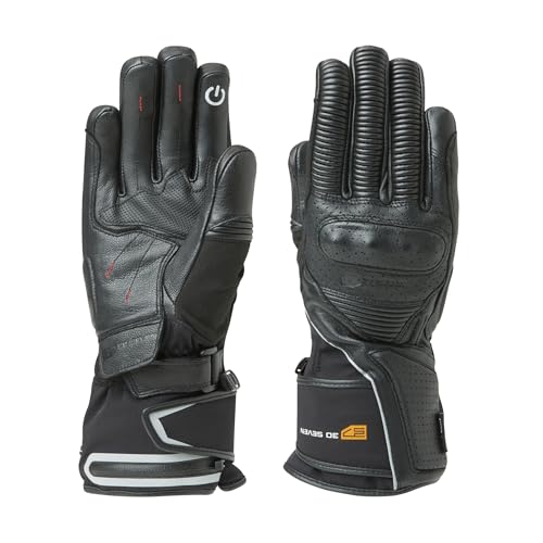 30seven, Gants de Moto Chauffants en Cuir et Renforcés, Isolation Primaloft, Modèle Imperméable Anti-Froid, 2 Batteries Rechargeables et Double Chargeur Inclus, Noir, L