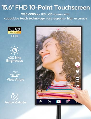 Image of 15.6 inch Digital Signage Capacitive Touchscreen Advertising Display with Adjustable Stand, 10000mAh Battery, Android 13 Commercial LCD Monitor with Auto Play, Wireless Screen Mirroring, 4+64GB