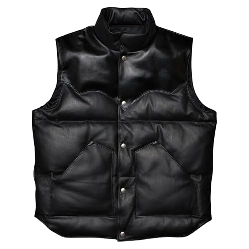Men's Leather Puffer Vest – Sleeveless Winter Outerwear, Warm Puffy Coat with Pockets, Casual Cold Weather Jacket