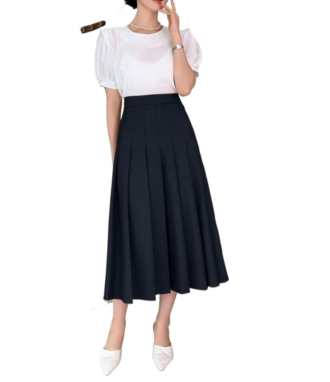 Womens Office Casual Mid Waist Pleated Midi Skirt Trendy Stylish Skirts