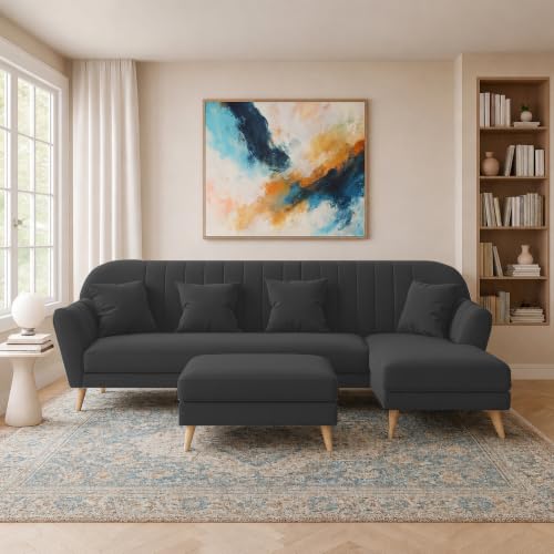 Image of Atticus RHS 6 Seater L Shape Sofa Set with Ottoman Living Room (Black Colour Fabric) Premium Fabric Sofa Set for Living Room