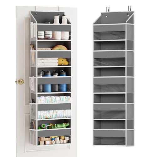 SpaceAid 1 Pack Over The Door Organizer with 5 Large Pockets and 10 Mesh Side Pockets, 5 Layers Door Organizer Hanging with Clear Window for Bedroom, Bathroom, Pantry and Nursery, Gray