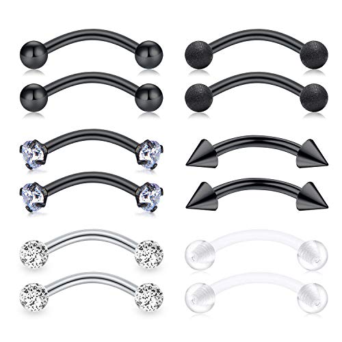 Mayhoop 12Pièces 16G Piercing Sourcil Rook Acier Chirurgical Noir Zircon Boule Anneau Sourcil Lèvre Helix Barre Courbe Bananas Piercing Arcade Courbé Bijoux de Piercing 10mm Cover