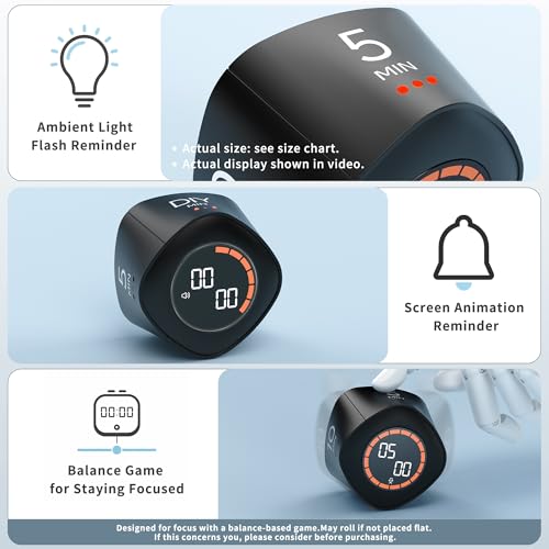 Image of VEWINGL Cube Productivity Timer, 25 /5 /10 /45 Min Presets, Desk Flip Timer for Pomodoro Study Sessions, Vibration & Custom Modes for ADHD, Work, Study & Kitchen (Black)