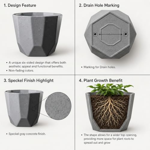 Image of YUCCABE ITALIA SHERA Hexa Plastic Planter Pot for Plants Decorative Flower Pot UV Protected Lightweight Indoor Outdoor Gamla for Home Decor, Balcony, Garden & Living Room (Stone Grey, 8 INCH - 3 Pcs)