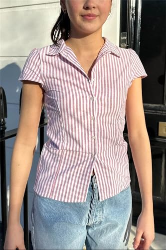 Image of Y2k Girls Vintage Coquette Button Down Shirt Women Short Sleeve V-Neck Slim Fitted T-Shirt Cute Blouse Crop Top