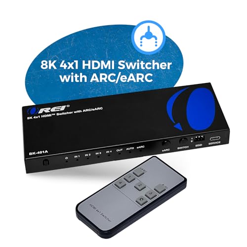Image of OREI 8K eARC HDMI 2.1 Switch 4x1, Switcher with Audio Extractor UltraHD Supports Upto 4K @ 120Hz PS5, Xbox, Gaming, Remote Contorl IR EDID HDCP 2.3 - Optical Out, L /R Headphones (BK-401ARC)