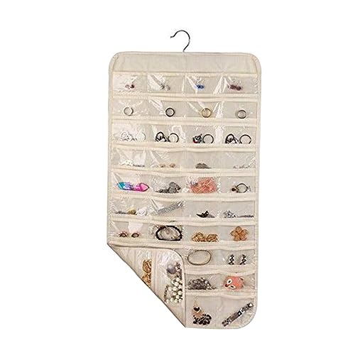 ABOOFAN Double Sided Jewelry Organizer Hanging Bag with Beige Stylish Jewelry Storage for Earrings Necklaces and Accessories for Closet Wall Door Use