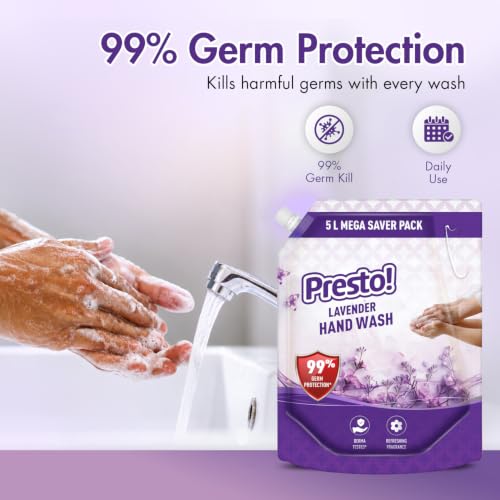 Image of Amazon Brand - Presto! Lavender Liquid Handwash 5L | Kills 99% Germs | pH Balanced, Gentle on Skin | No Added Parabens & Triclosan | Moisturising Formula