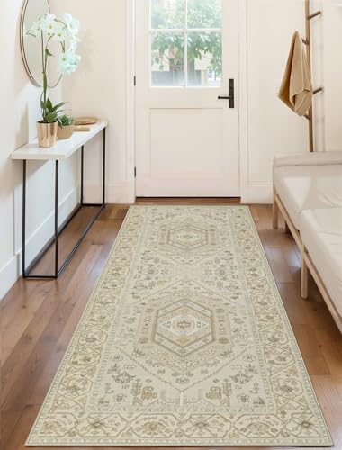 SERISSA Boho Washable Runner Rug, 2x6 Non-Slip Kitchen Runner Rug Vintage Beige Hallway Rug Ultra Soft Print Distressed Oriental Floor Carpet Runner for Bedroom Bathroom Laundry Living Room