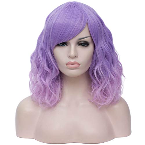 BUFASHION 14" Women Short Wavy Curly Wig Light Orange Bob Wig Cosplay Halloween Synthetic Wigs with Side Bang 13 Colors Available (Ombre Light Pink)