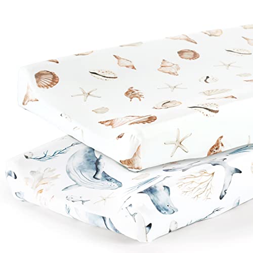 Image of GRSSDER Stretch Ultra Soft Jersey Knit Changing Pad Cover Set 2 Pack,Change Table Pad Covers Fit 32"/34" x 16" Pads Safe and Snug,Stylish Cute Whale Sea Worl for Baby