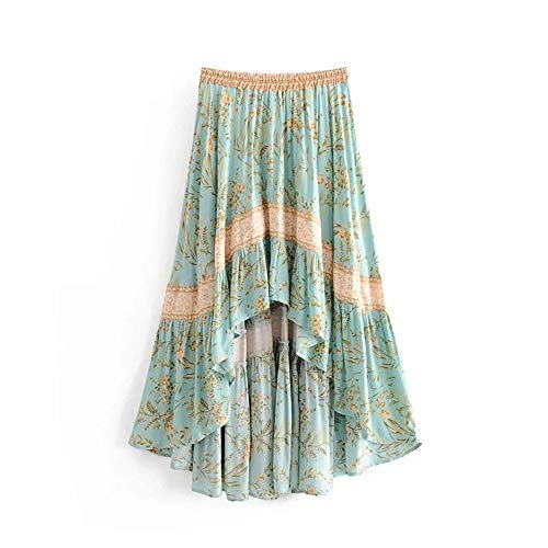 Liergou Faldas Midi Swing Falda Bohemia de Las Mujeres con asimétrico Estampado Floral Cintura elástica Falda Larga (Color : Verde, tamaño : Metro)