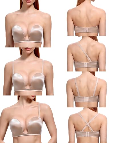 DotVol Women's Multiway Deep U Plunge Padded Push Up Convertible Bra2