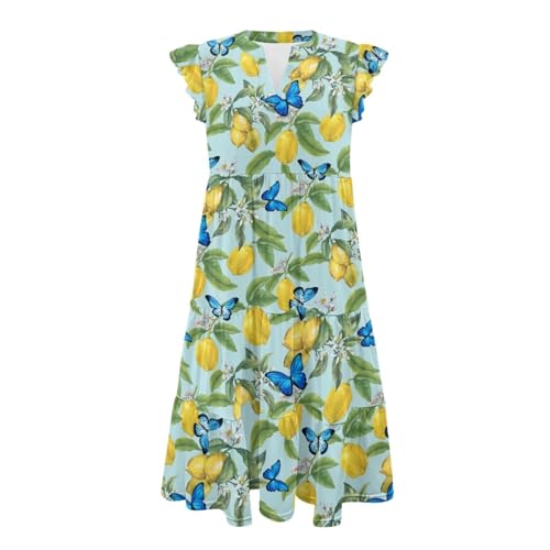 Image of Womens Summer Dress Ruffle Sleeve V Neck Dress Casual Fit Flowy Beach Vacation Sundress with Pocket S-2XL