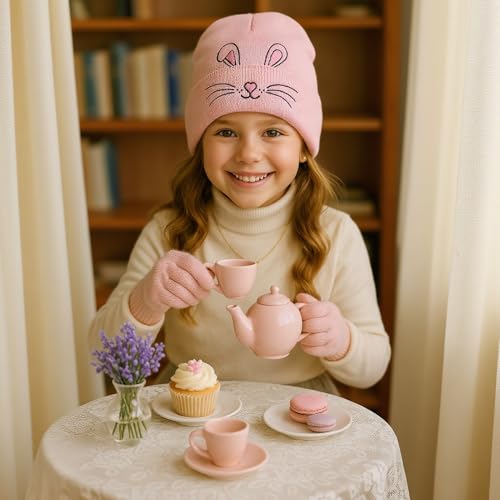 Kids Girls Knit Hats Cute Rabbit Embroidery Warm Cuffed Skull Caps Classic Autumn Winter Beanies Hats Gifts for Aged 7-12 Y3