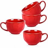 vicrays Jumbo Soup Mug Coffee Large - 27 oz Ceramic Wide Oversized Extra Big Handle Bowls Latte Friends Mug Set Gaint Cereal Oatmeal Cappuccino Cup Set of 4 - Red