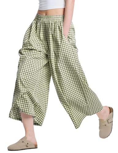 Image of LOMON Womens Wide Leg Capri Pants Gingham Plaid Culottes Summer Elastic Waist Palazzo Trousers Bottoms with Pockets