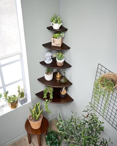 Image of Corner Shelf, Solid Oak Wood Floating Corner Shelf Wall Mount Round End Floating Speaker with Wire Hole for Small Plant Photo for Bedroom Kitchen, Living Room Walnut