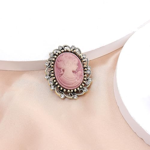 Image of Rhinestone Lady Portrait Statement Brooch for Women Vintage Cubic Zirconia Beauty Cameo Lapel Pin Beautiful Crystal Figure Round Brooch Jewelry Gifts
