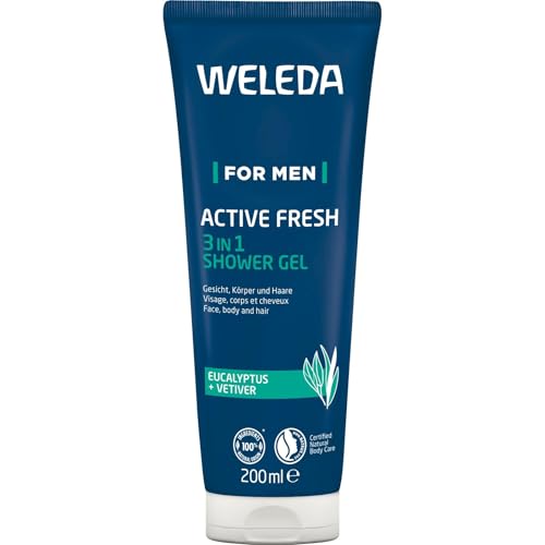 WELEDA Bio For Men 3in1 Duschgel & Shampoo ACTIVE FRESH vegan - Naturkosmetik Männer Duschseife & Haarpflege mit Eukalyptus & Vetiver Duft. Natürliche Dusche zur Reinigung von Haut & Haar (1x 200ml)