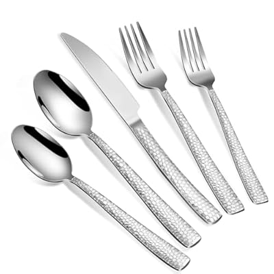 20-Piece Silverware Set, Silver Hammered Stainless Steel Flatware Sets for 4, Food-Grade Tableware Set, Including Fork Knife Spoon Set, Home Kitchen Cutlery Sets, Dishwasher Safe