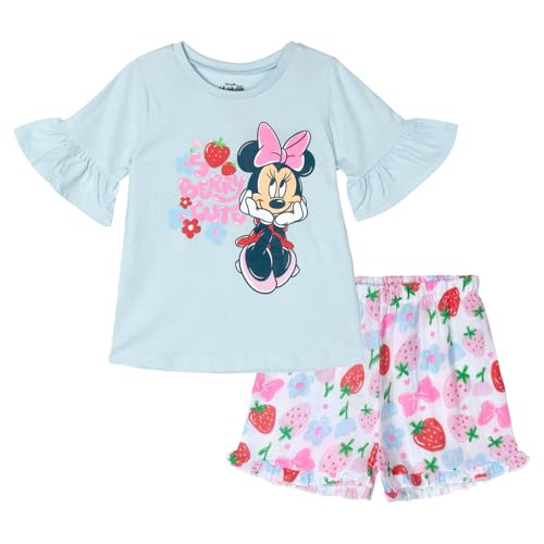 Disney Minnie Mouse Big Girls T-Shirt and Gauze Shorts Outfit Set Blue Strawberries 10-12 - image 1