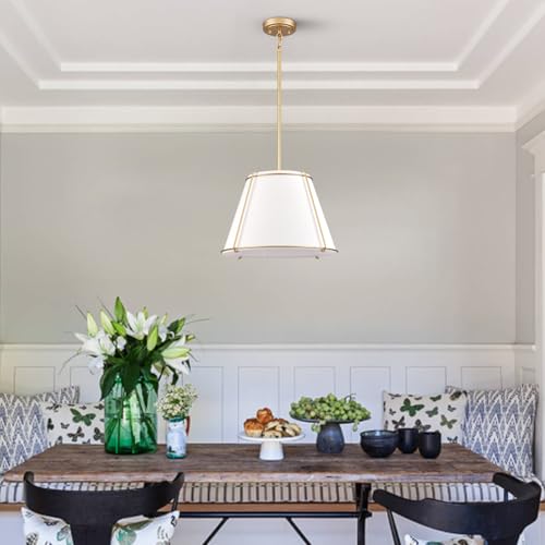 Image of 3-Light Gold Cone 16 inch Pendant Light Fabric Drum Shade with Metal | White and Gold Chandeliers, Sloped Ceiling Compatible for Kitchen Dining Room Living Room Bedroom