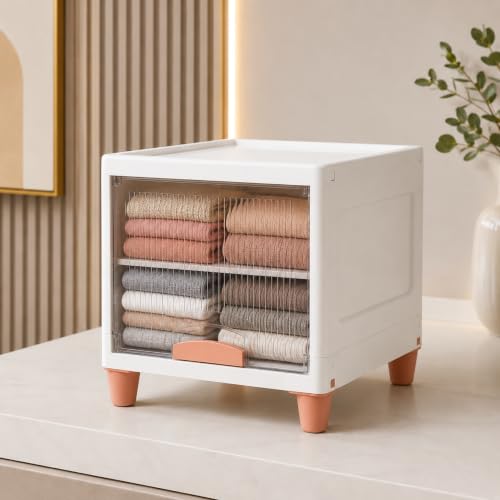 Image of HoopVool Foldable Storage Cabinet, Stackable Plastic Storage Box with Front Opening Door, Dustproof Organizer for Clothes, Toys, Books, Bathroom & Bedroom (1-Tier (33 X 38 X 33 CM))
