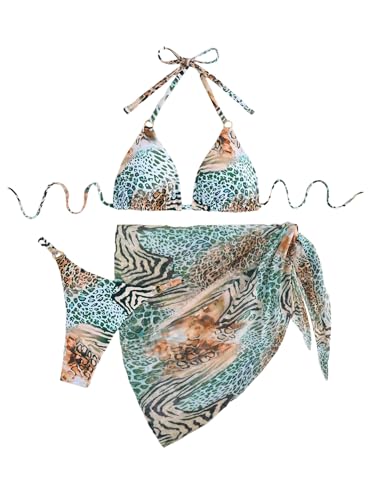 WDIRARA Women's 3 Pieces Bikini Set Leopard Print Halter String Swimsuit with Cover Up Skirt