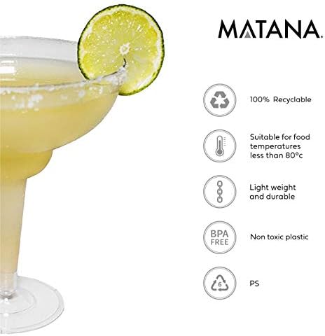 MATANA - 10 Clear Multi-use Plastic Margarita Cocktail Glasses for Wedding Anniversary and Birthday Party - 360ml